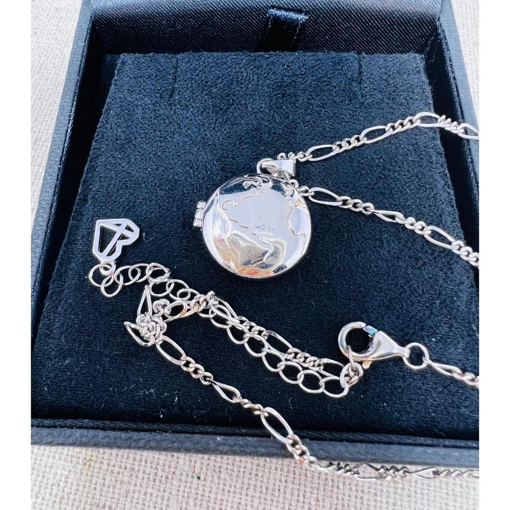 Sterling Silver Globe Locket World Map Travel Pendant Figaro Chain Necklace